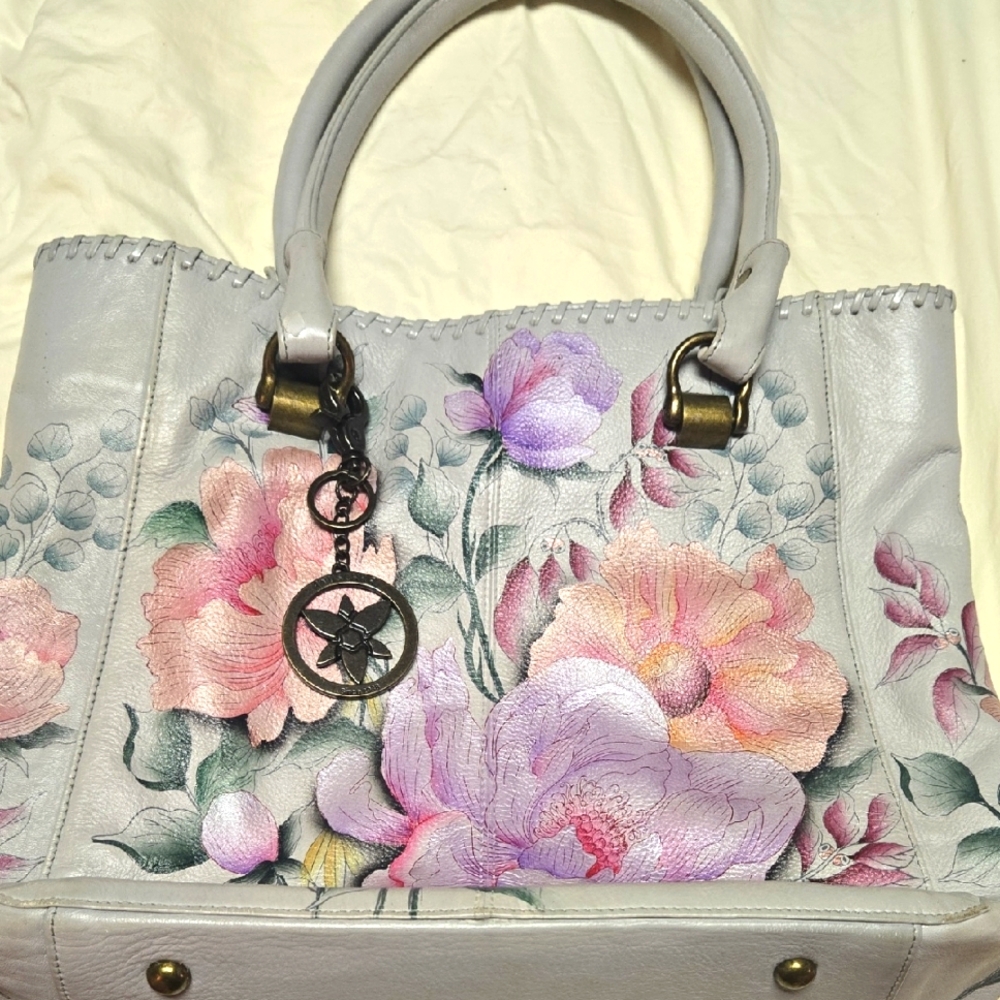 Anuschka Gray Floral Leather Handbag